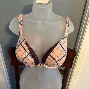 Plaid Lace Trim Bra - Pink and Black